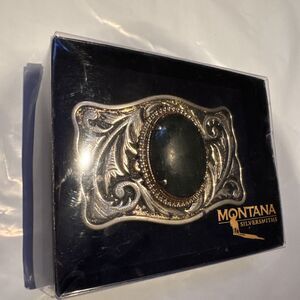 Montana Silversmiths Western Belt Buckle Silver & Gold Black / Green Stone